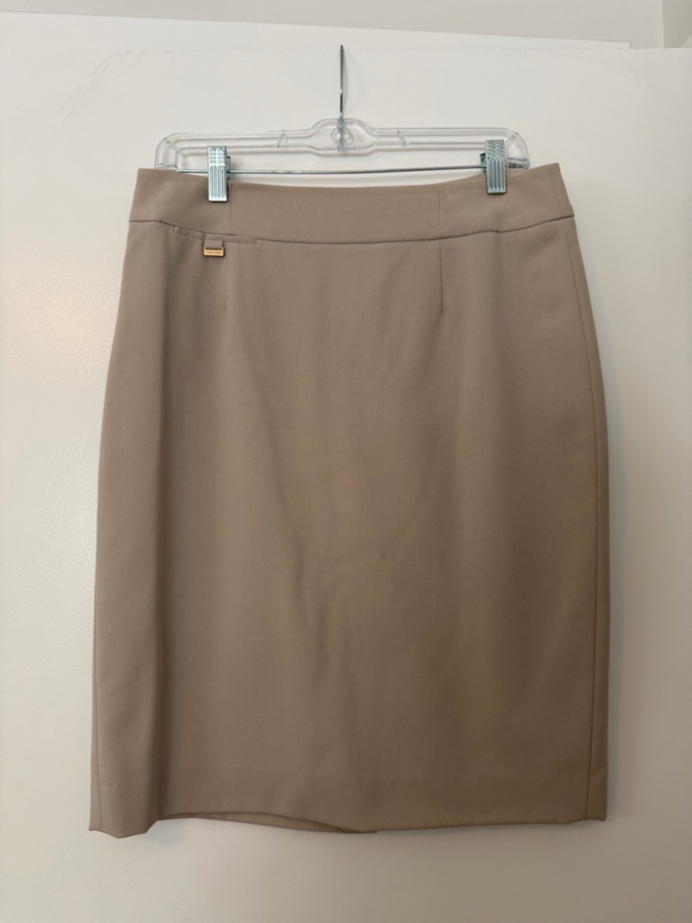 Calvin Klein Beige Pencil Skirt with Gold Logo Accent
